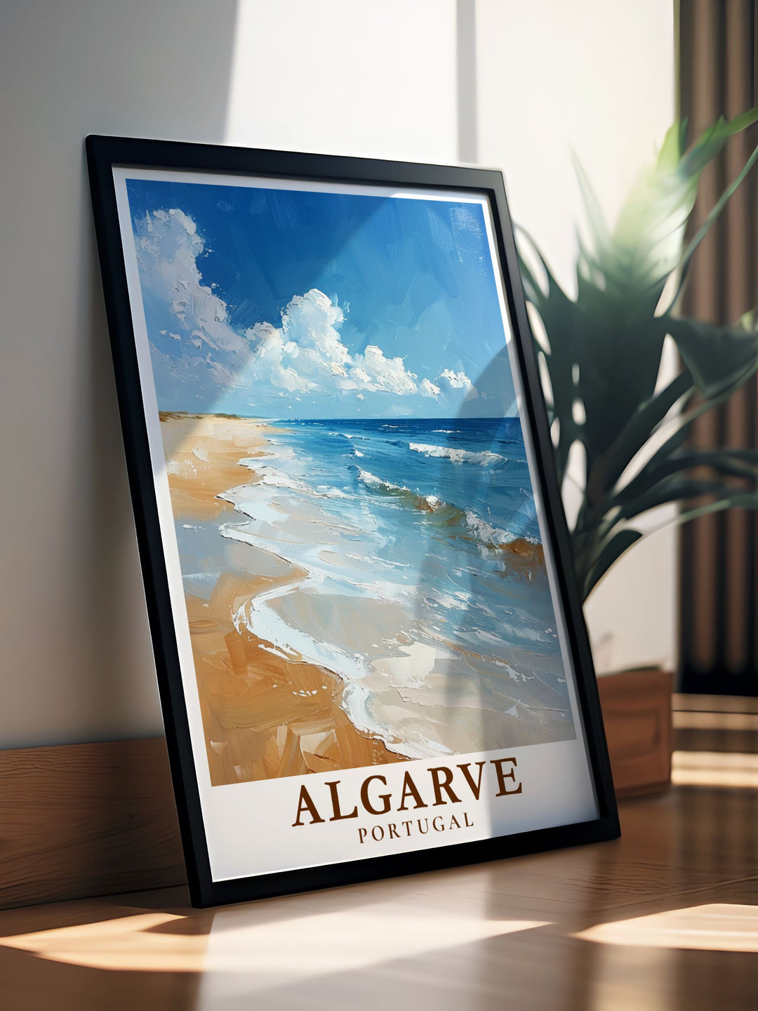 The natural beauty of Algarve Beach is depicted in this travel poster, highlighting the dramatic cliffs and clear waters, perfect for enhancing your home with a piece of Portugals charm.