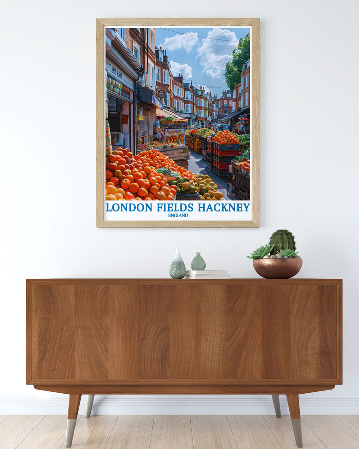 Featuring the scenic paths and historic features of London Fields, this poster showcases the parks inviting landscapes, perfect for those who cherish green urban spaces.