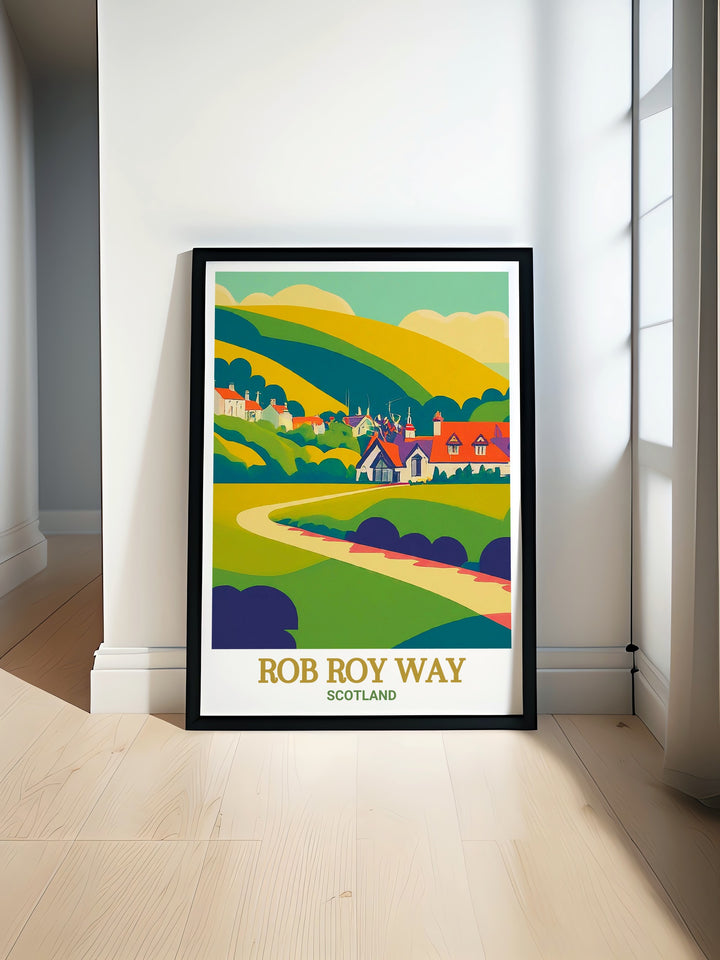 Highlighting the historic Rob Roy Way, this travel poster brings Scotlands famed trails to life. Featuring Loch Tay, Aberfoyle, and the Trossachs, its a stunning tribute to the scenic beauty of the Scottish Highlands, perfect for hiking lovers.