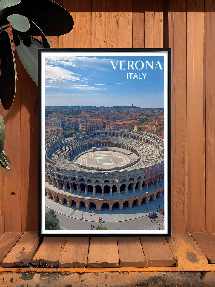 Detailed Verona poster featuring Arena de Verona offering a glimpse into the rich cultural heritage of Italy perfect for enhancing any wall with the elegance and historical significance of this ancient Roman amphitheater.