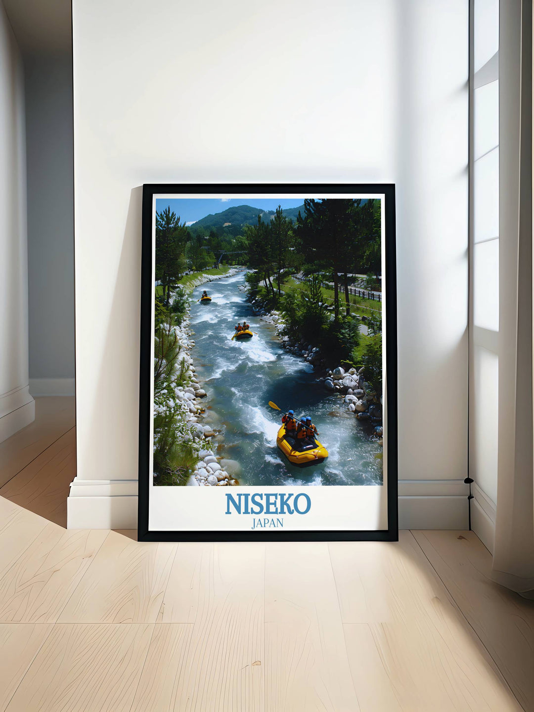 Snowboarding Poster with Shiribetsu River and Mount Yotei showcasing retro Japanese travel art in a vintage style perfect for any ski enthusiasts wall decor