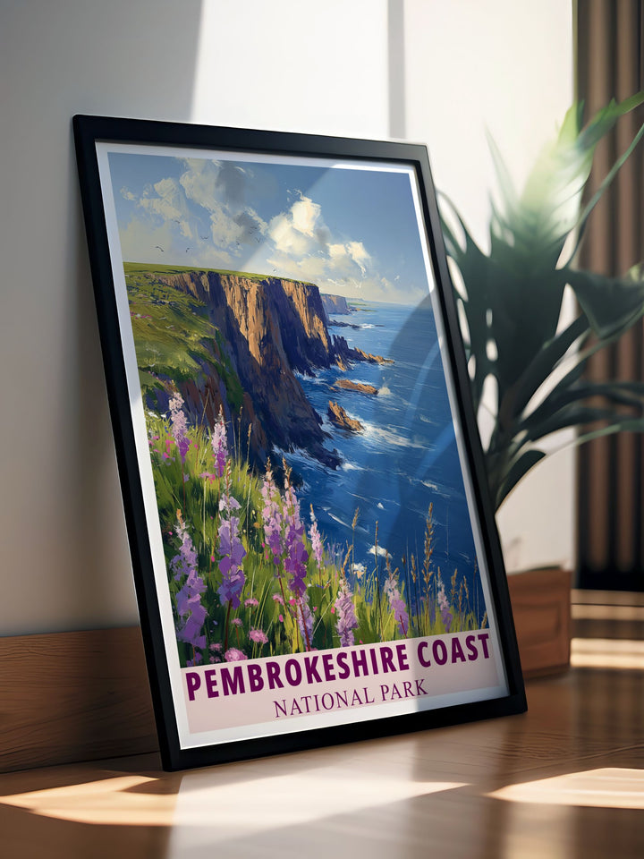 Vintage travel print of coastal cliffs in Pembrokeshire Wales highlighting the majestic landscape with Art Deco elements perfect for adding a touch of elegance to your wall art collection and celebrating the beauty of British national parks.