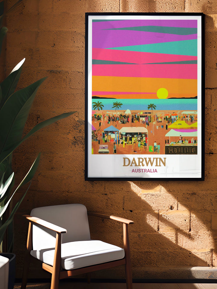 Australia canvas art featuring the Mindil Beach Sunset Markets, a vibrant scene in Darwin. This travel print brings the energy and warmth of the markets into your living space, perfect for adding a touch of Australias unique charm to your decor.