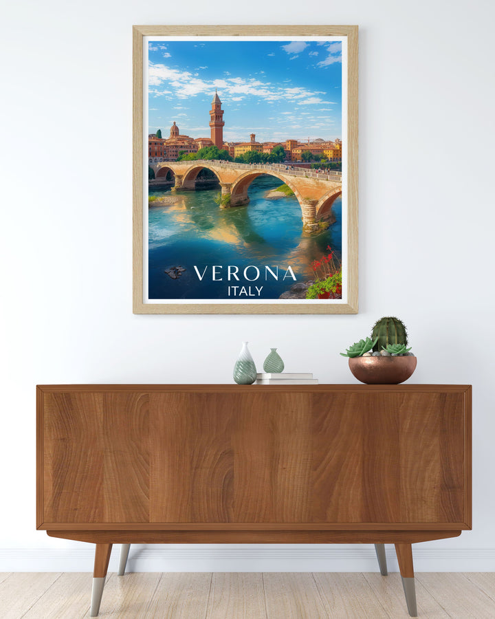 Captivating vintage print of Ponte Pietra in Verona Italy designed to bring the essence of this historic bridge into your home an ideal addition to your collection of Italy wall posters and Verona wall decor.