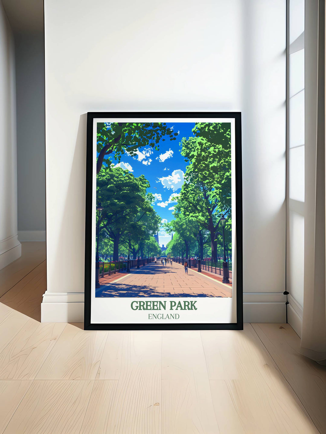 Stunning poster of Green Park London featuring the lush landscapes and historic pathways, including the iconic Princess of Wales Memorial Walk, perfect for London wall art and home decor.