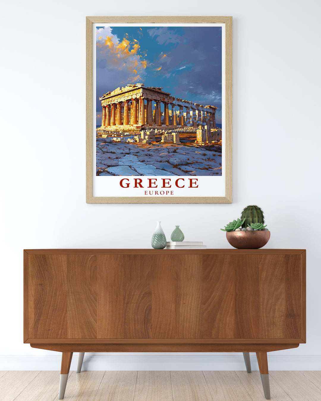 This Greece poster print features a detailed depiction of the Acropolis of Athens, highlighting its architectural brilliance and historical significance. Ideal for those who appreciate classical art and ancient history, this travel print brings a piece of Greece into your home.