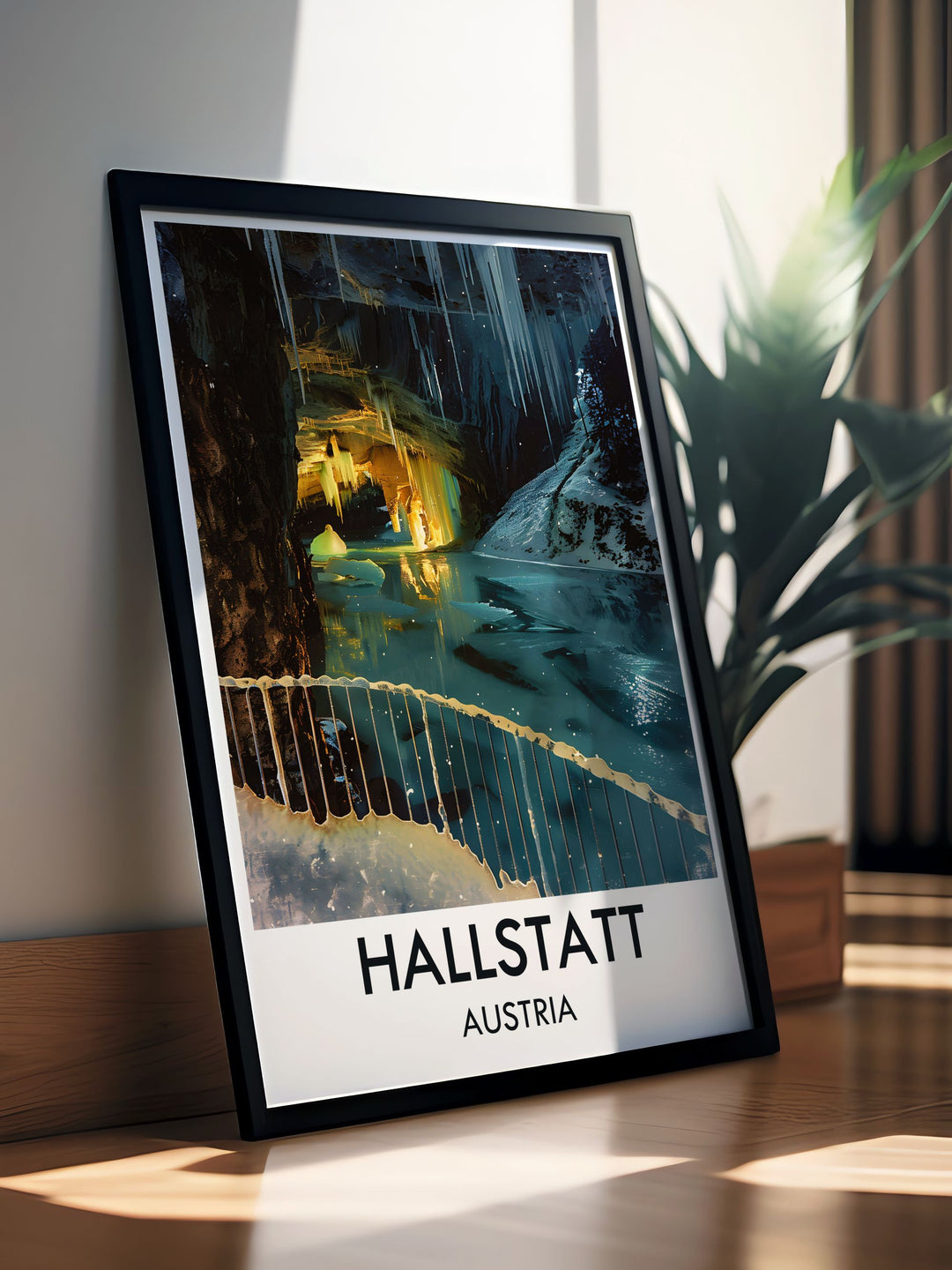 Highlighting the scenic beauty of Hallstatt, this travel poster captures the essence of its tranquil setting and inviting atmosphere, ideal for those who appreciate Austrias charm.