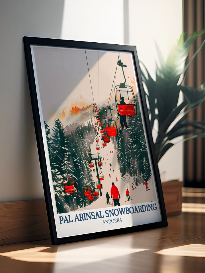 Vintage Ski Print of Andorra showcasing the picturesque Vallnord ski area and Port Vell stunning prints ideal for modern living room decor and adding a touch of adventure to your home with beautifully crafted Andorra wall art