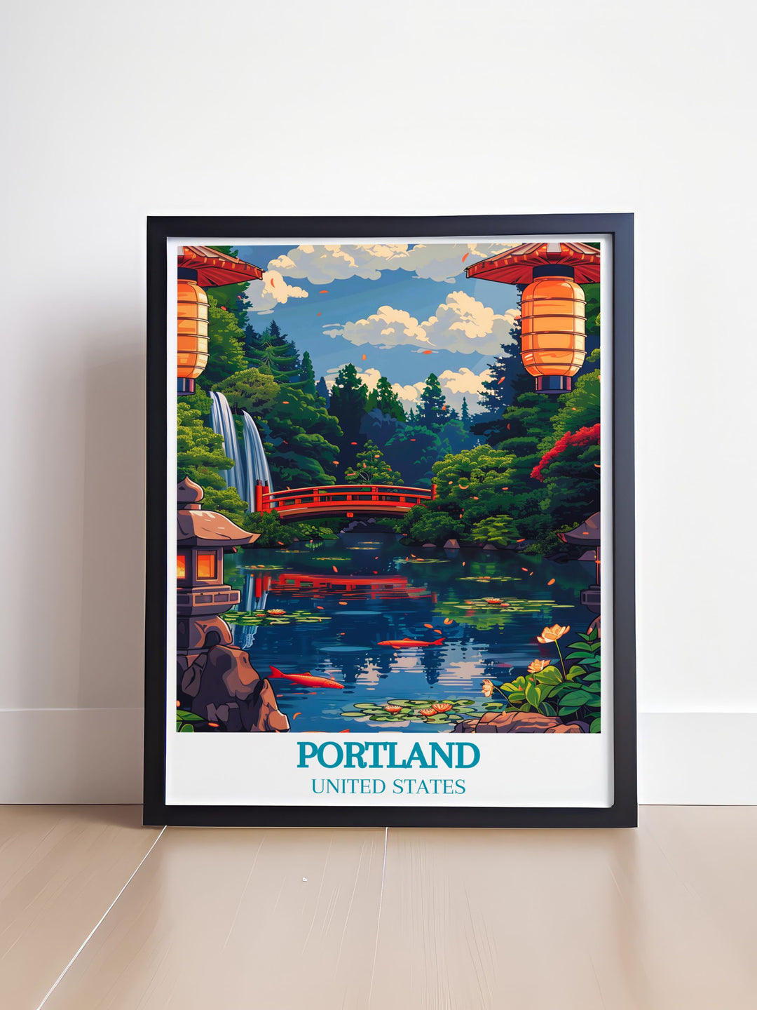 Modern Portland Japanese Garden print with fine line details and botanical elements perfect for adding elegance to any room in your home