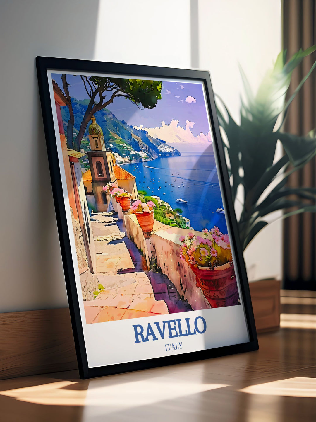 Ravello Italy print with Villa Rufolo Amalfi coast capturing the essence of Southern Italy. This Italian travel art piece is ideal for home decor adding a touch of charm and history to any room perfect for those who love Italian village scenes