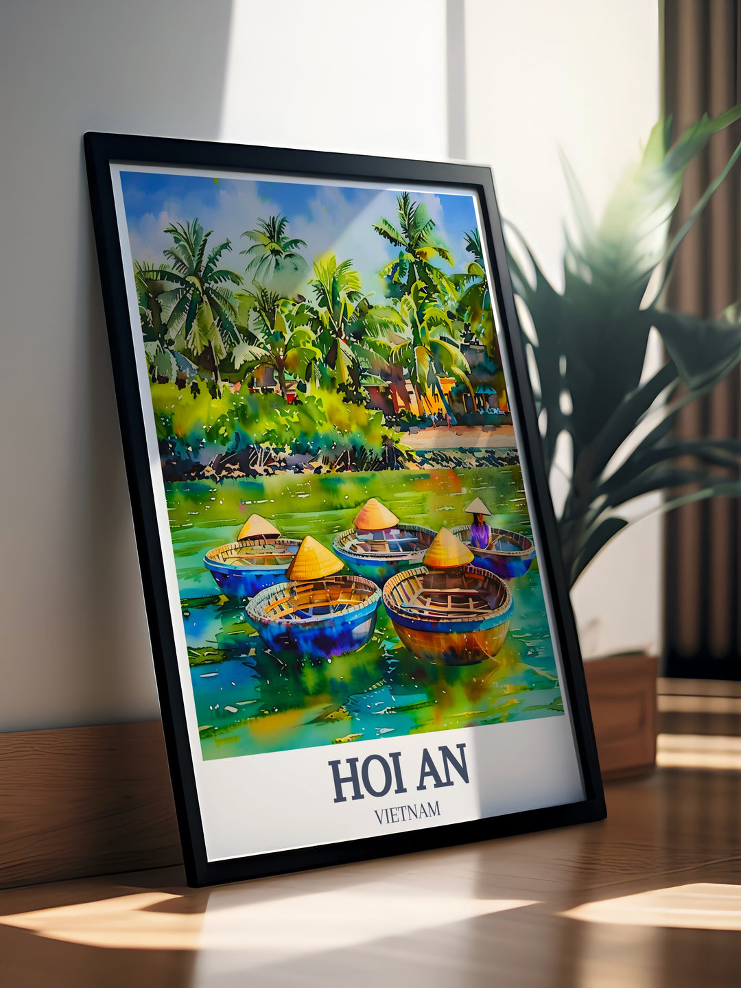 A calming travel print of Cam Thanh Village, featuring the peaceful coconut forests and rivers that make this Vietnamese countryside village so special. Perfect for adding a touch of nature to your home or giving as a thoughtful gift.