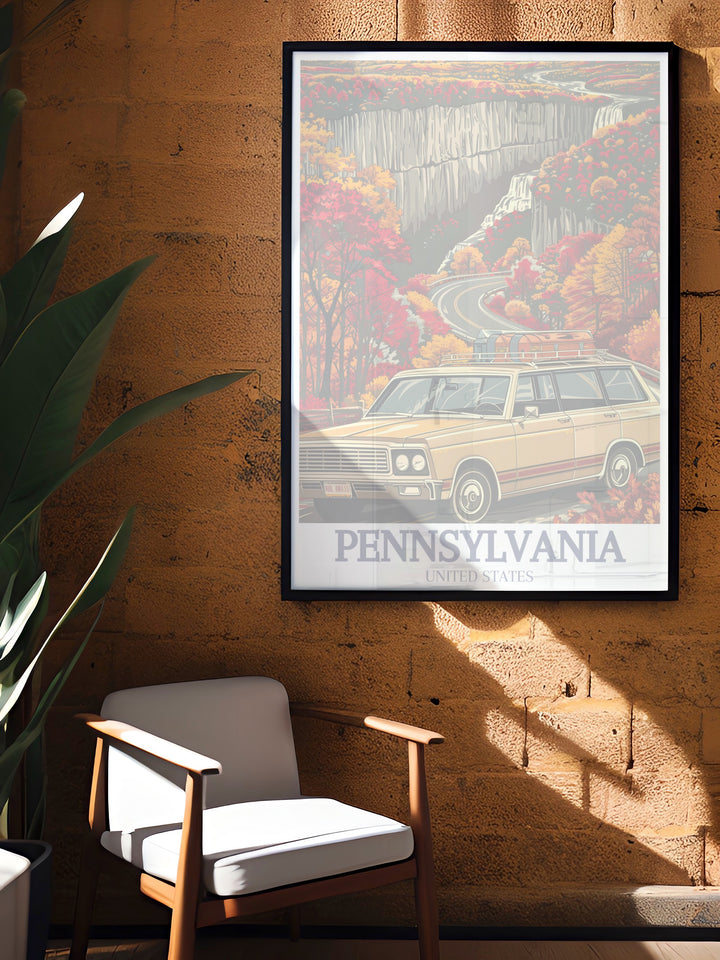 Celebrate Pennsylvanias natural beauty with this travel print featuring Ricketts Glen State Park and the Glens Natural Area. Ideal for nature lovers, this poster showcases the parks stunning waterfalls and vibrant scenery. A perfect gift or decor for any home.