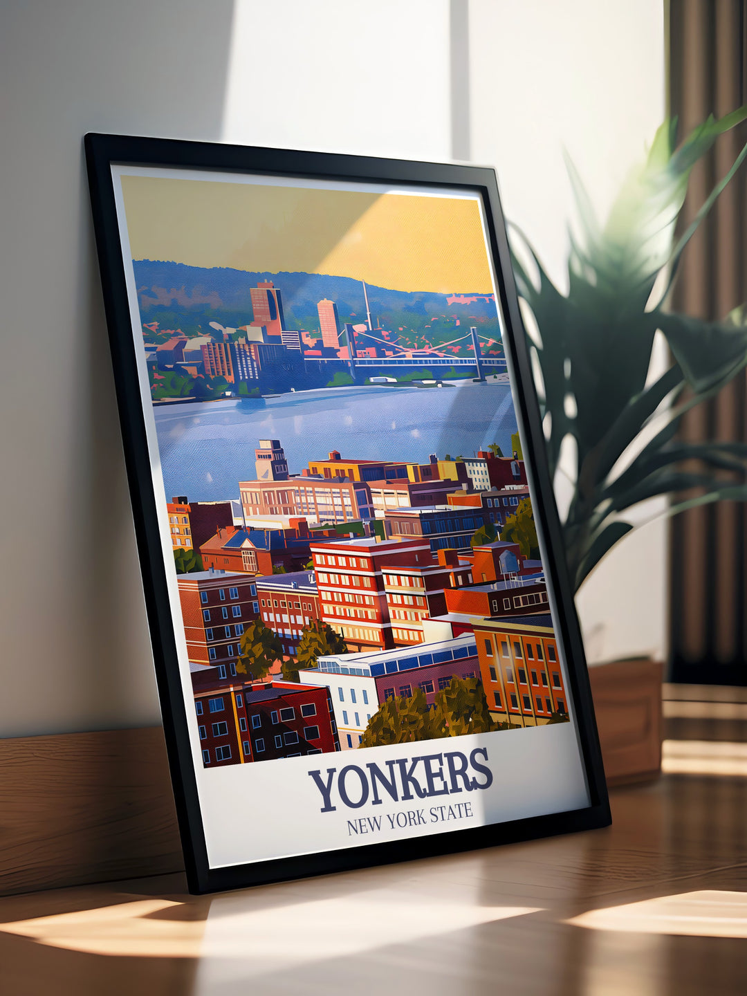 Beautiful Yonkers poster featuring Hudson River Downtown and vibrant cityscape perfect for home decor and personalized gifts ideal for those who love modern art and vintage aesthetics