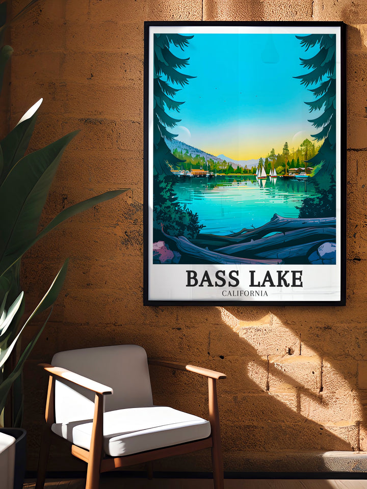 Bass Lake Poster highlighting the breathtaking views of The Pines Resort Sierra Nevada Mountains an ideal wall art for anyone who loves Yosemite California and wants to bring the serenity of nature into their home decor.