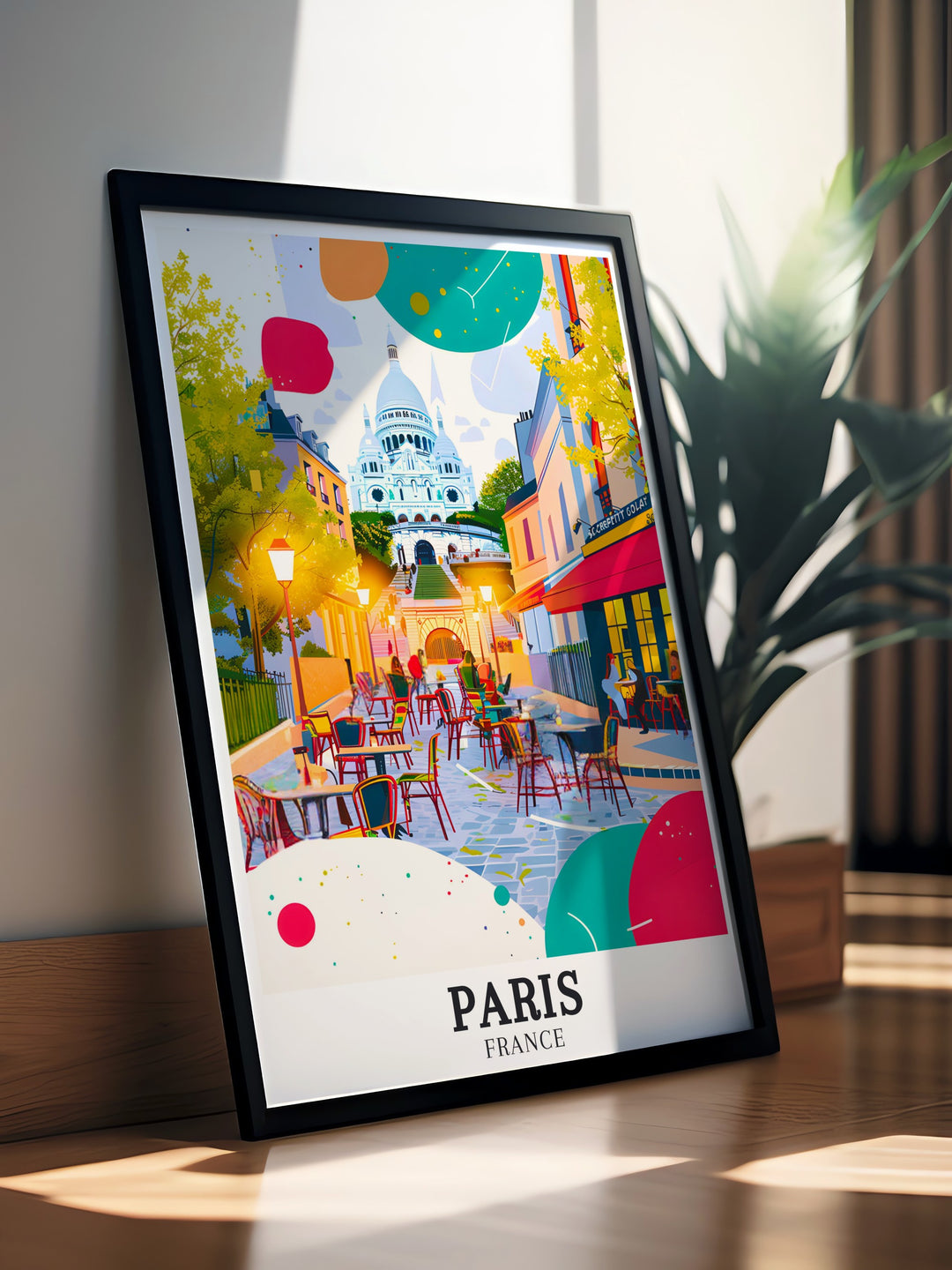 Modern Paris Photography Poster showcasing Sacre Coeur Basilica and Montmartre. This colorful print is perfect for enhancing your home decor and makes a stunning wall decoration.