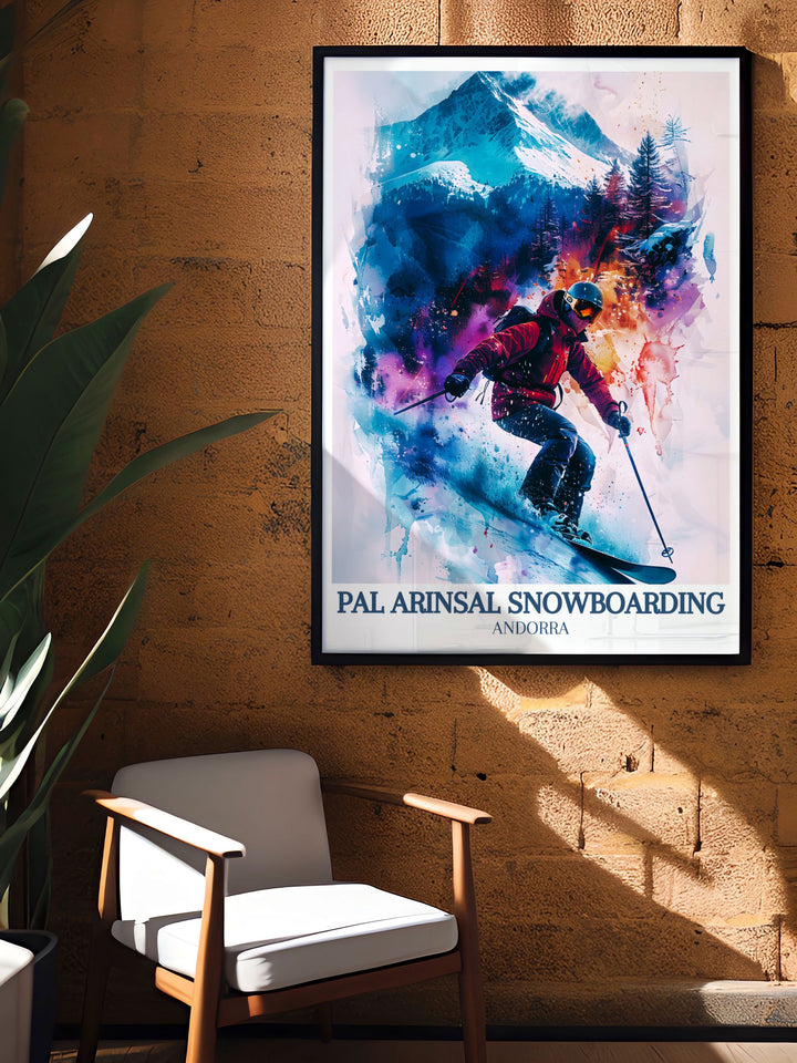 Andorra Wall Art showcasing the beautiful Pyrenees Mountains and Vallnord ski area Coma Pedrosa perfect wall decor for adventure lovers and those who appreciate vintage ski posters and modern prints that bring elegance and charm to your home