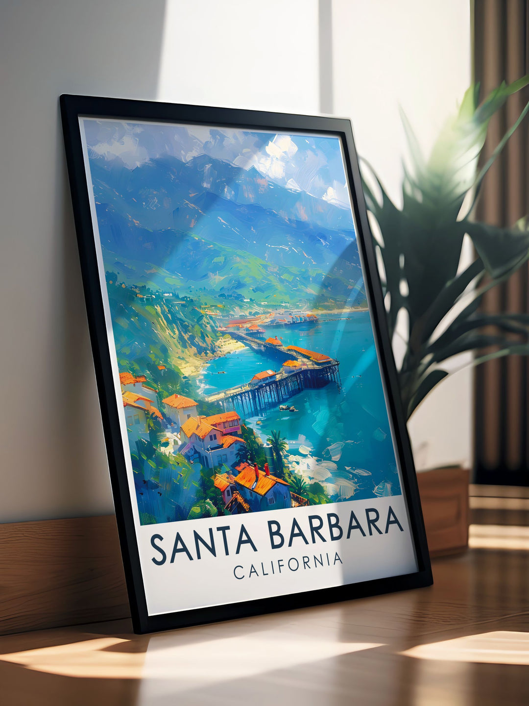 Stearns Wharf framed prints and Santa Barbara map wall art showcase the charm of the iconic coastal city detailed street maps and modern art designs add a sophisticated yet colorful touch to any living room bedroom or office