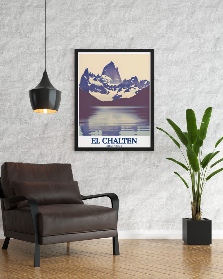 Add the spirit of adventure to your living room with this stunning El Chaltén Art Print. The artwork features Mount Fitz Roy and Laguna de los Tres, capturing the wild beauty of Patagonia.