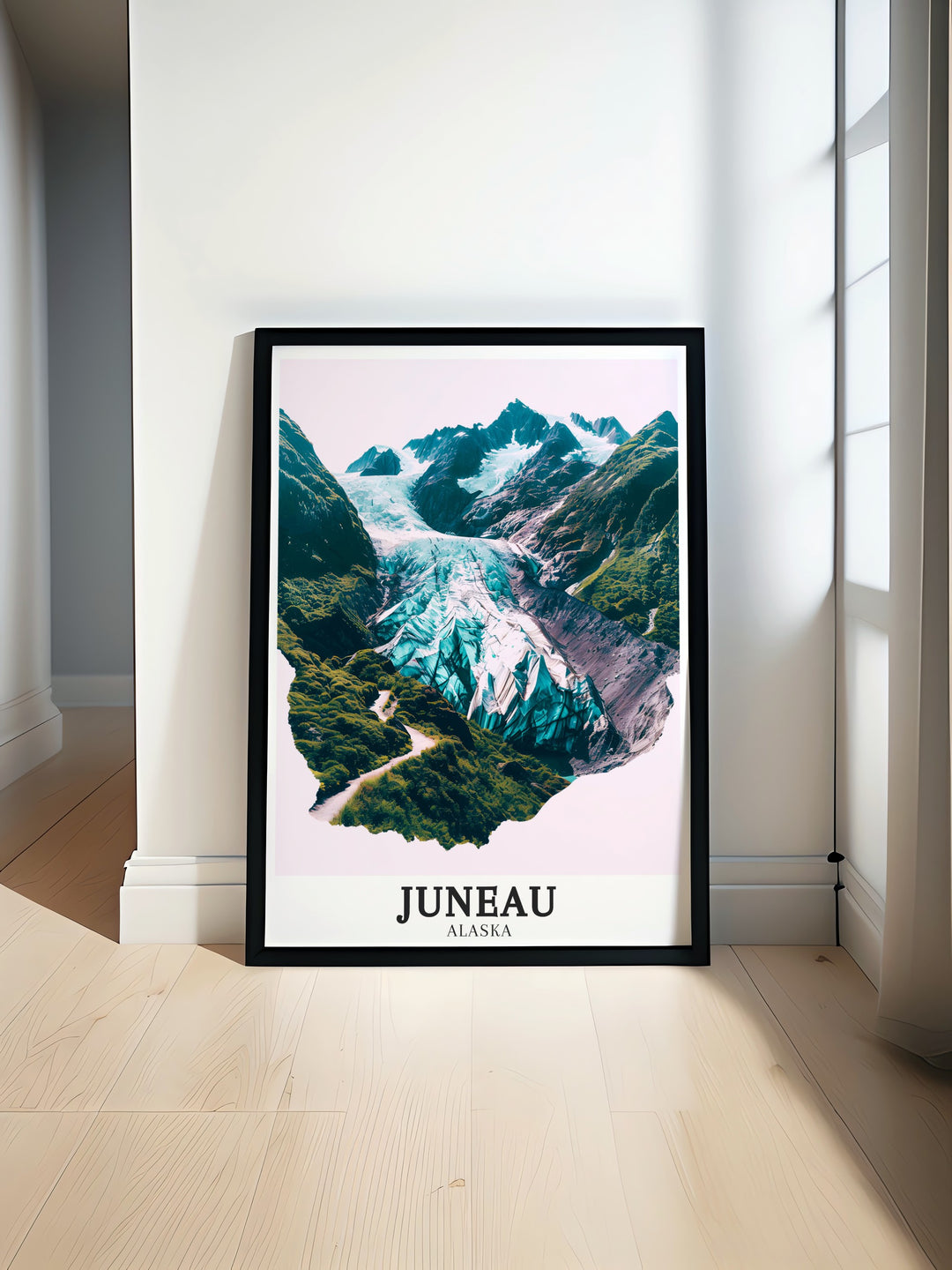 Alaska poster print capturing the breathtaking expanse of the Mendenhall Glacier and Valley. Perfect for adventurers, this artwork brings the serene beauty of Juneaus wilderness into your home, ideal for anyone who loves Alaskas unique landscapes.