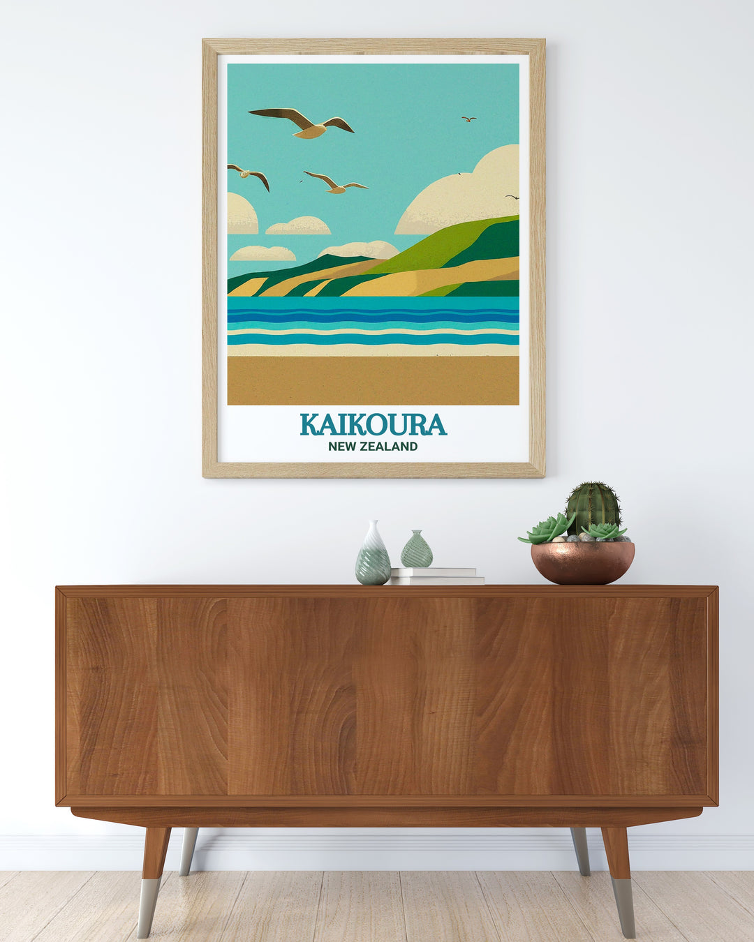 Illustrating the coastal splendor of Kaikoura Beach, this art print showcases the vibrant colors and textures of the New Zealand landscape. The poster serves as a perfect tribute to Kaikouras stunning scenery, making it an ideal addition to any nature lovers collection.