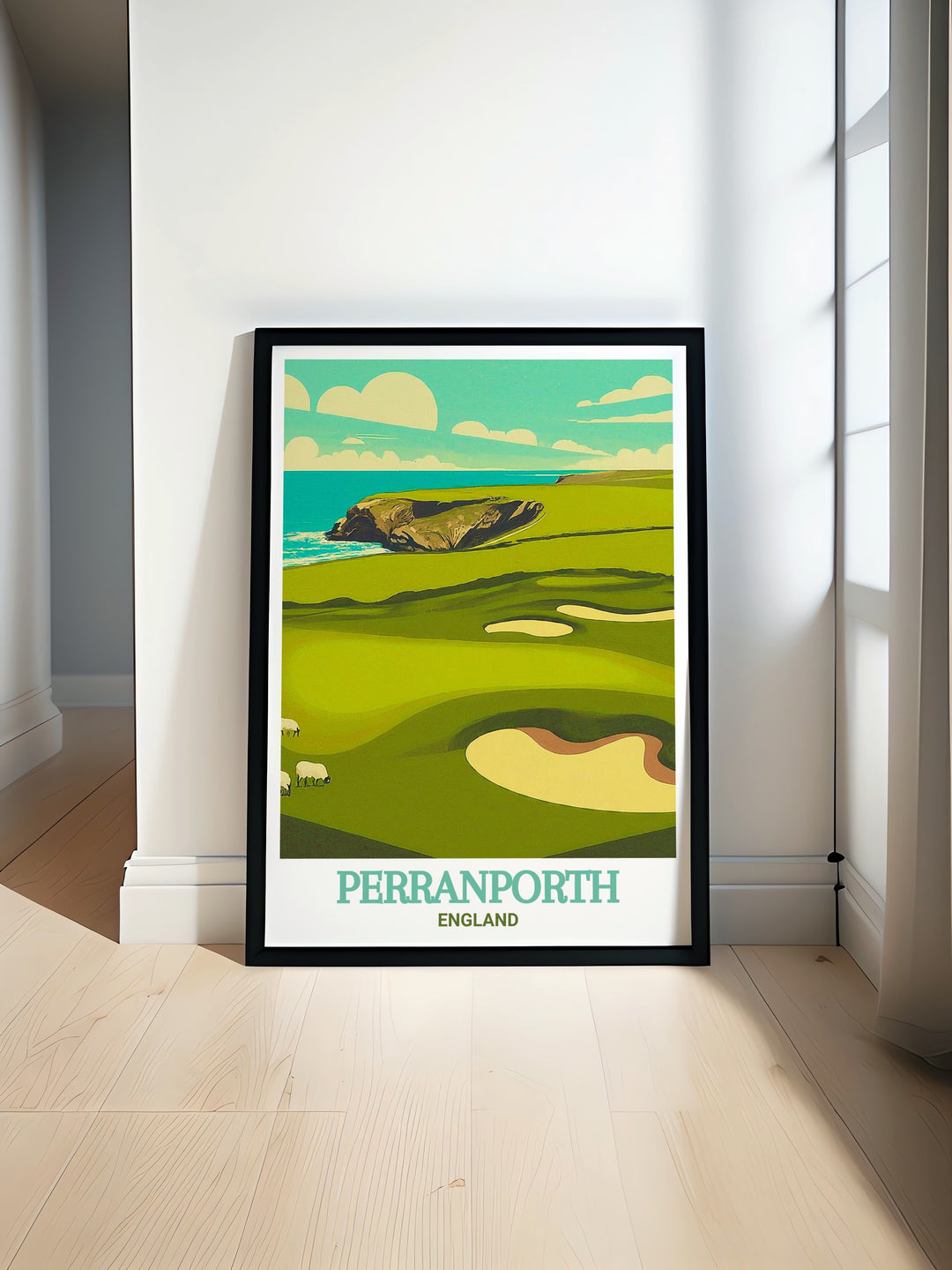 Scenic wall art of Perranporth Golf Club, featuring vibrant colors and detailed landscapes of Perranporth in England. An exquisite addition to any decor. This print brings the tranquil beauty of the English coast into your home, providing a constant reminder of its natural charm.