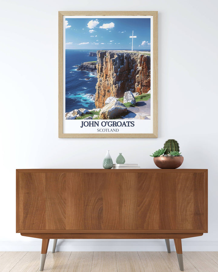 Vintage art of Lands End Signpost highlighting the end of the ultimate cycling adventure. This print is a perfect gift for cycling enthusiasts who dream of completing the LEJOG Bike Ride. A beautiful addition to any home.