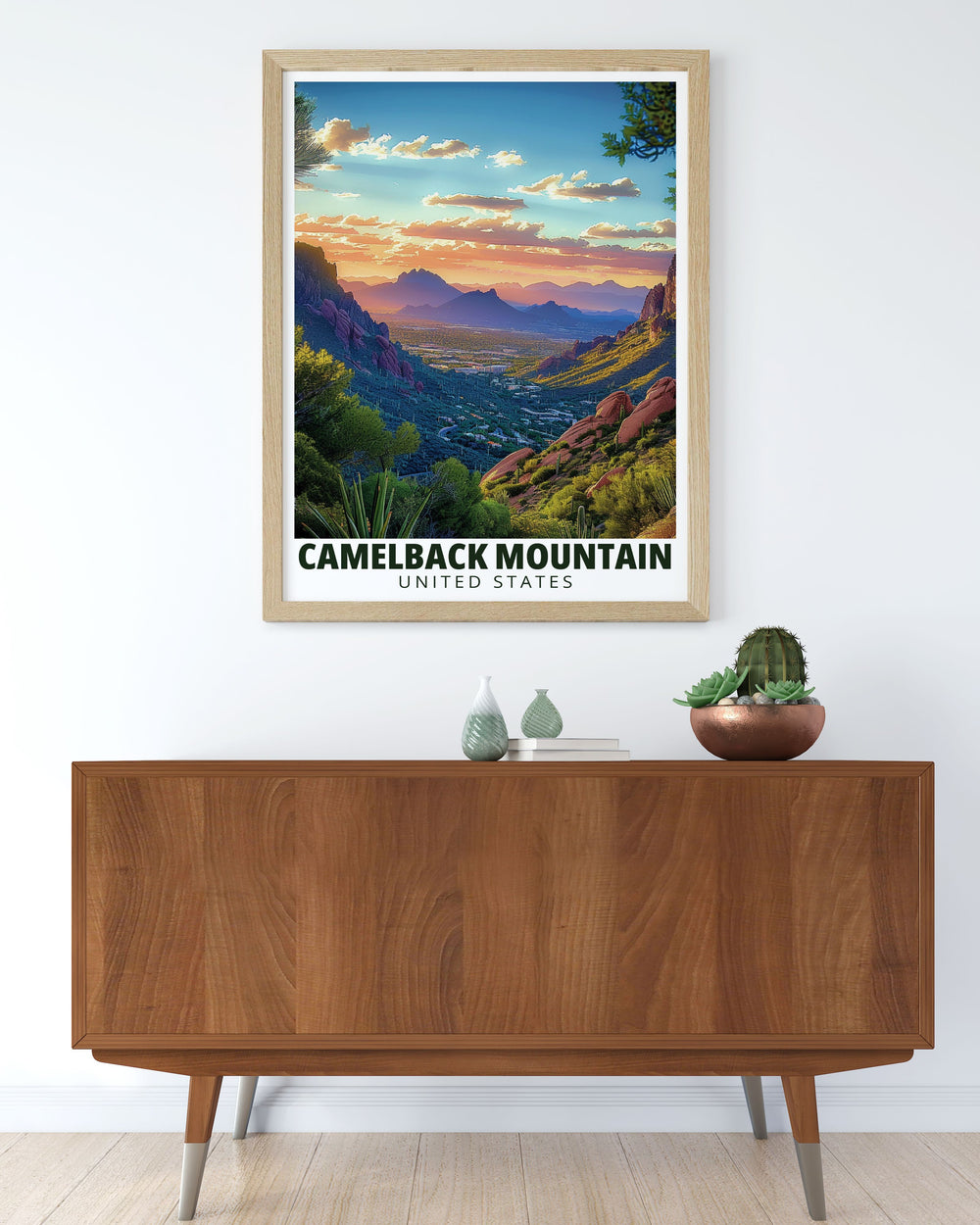 Experience the charm of Arizona with this Summit View travel poster featuring the majestic Mt. Camelback. This Arizona poster is a perfect addition to any home or office decor offering a piece of the beautiful Arizona scenery to enhance your living space.