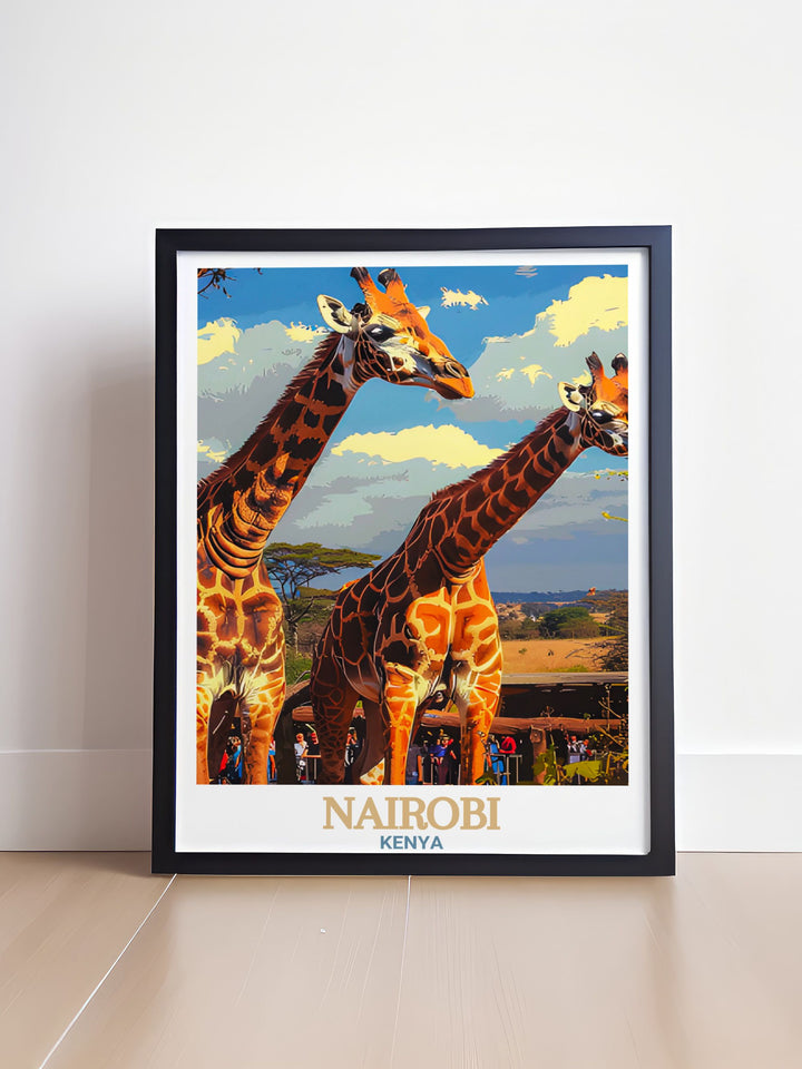 Stunning Kenya wall art featuring majestic giraffes from the Giraffe Centre ideal for elegant home decor bringing a touch of the savannah into your living room