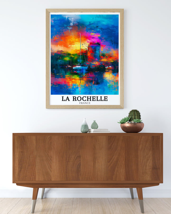 Stunning La Rochelle art print depicting the iconic Chain Tower and the bustling Old Port. The print reflects the unique character of La Rochelle, with its blend of historical landmarks and lively waterfront, perfect for enhancing any home decor