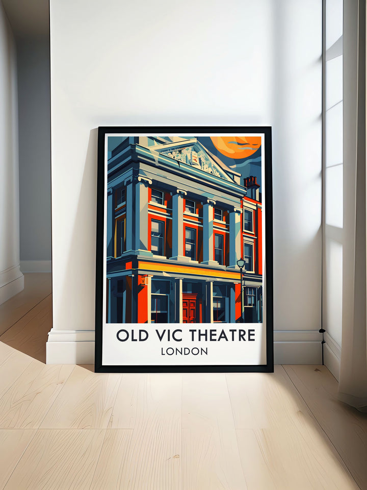 The Old Vic Theatre, a London icon, is featured in this art deco travel poster. With its detailed exterior facade and striking color palette, this retro print is perfect for decorating your home or office. Ideal as a gift for fans of the West End or vintage travel posters.