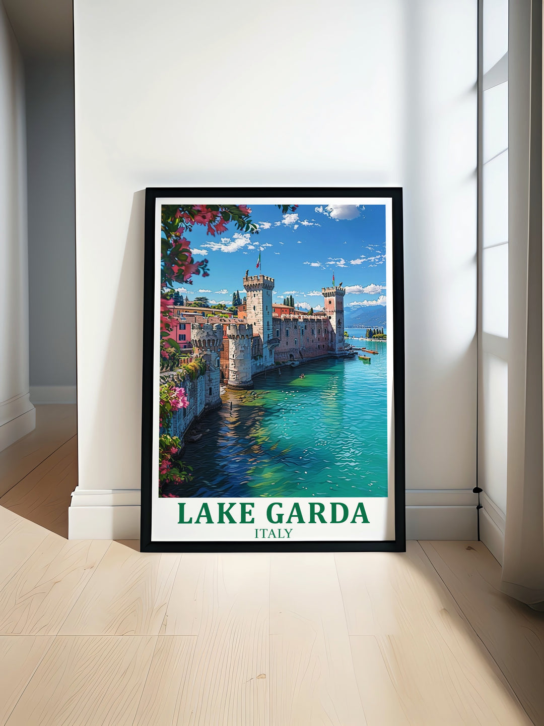 Capture the essence of Italys Lake Garda and Sirmione with this framed art piece, highlighting the calm waters and rich heritage of this Italian destination. A perfect travel poster for any occasion.