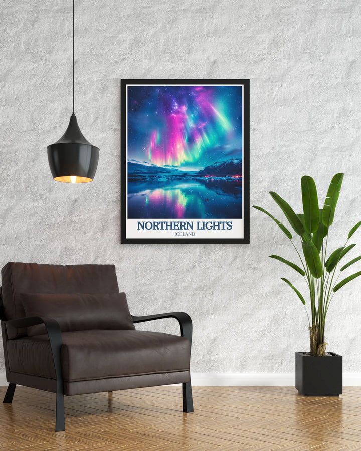 Bring the enchanting beauty of the Northern Lights into your home with this exquisite Vintage Travel Print featuring the serene landscapes of Svalbard Norway