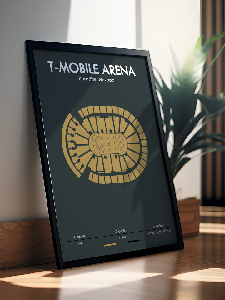 T Mobile Arena depicted in a vibrant Golden Knights Print from Paradise Nevada this retro NHL poster makes a perfect gift for boys dads and anyone who loves Las Vegas hockey and the dynamic energy of the Golden Knights