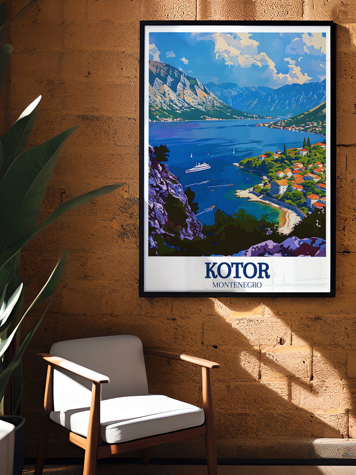 Framed art of Kotor Bay and the Adriatic Sea, highlighting Montenegros natural beauty and historic charm. This vintage style travel poster makes a wonderful addition to any wall décor.