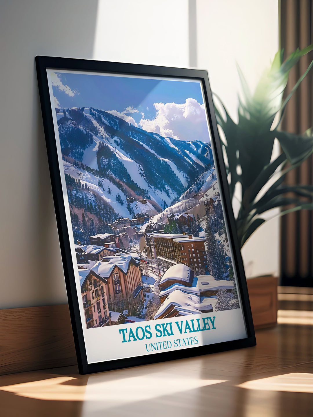 Celebrate the stunning scenery of Taos Ski Valley with this detailed art print, showcasing the serene snow covered mountains and bustling resort activities.