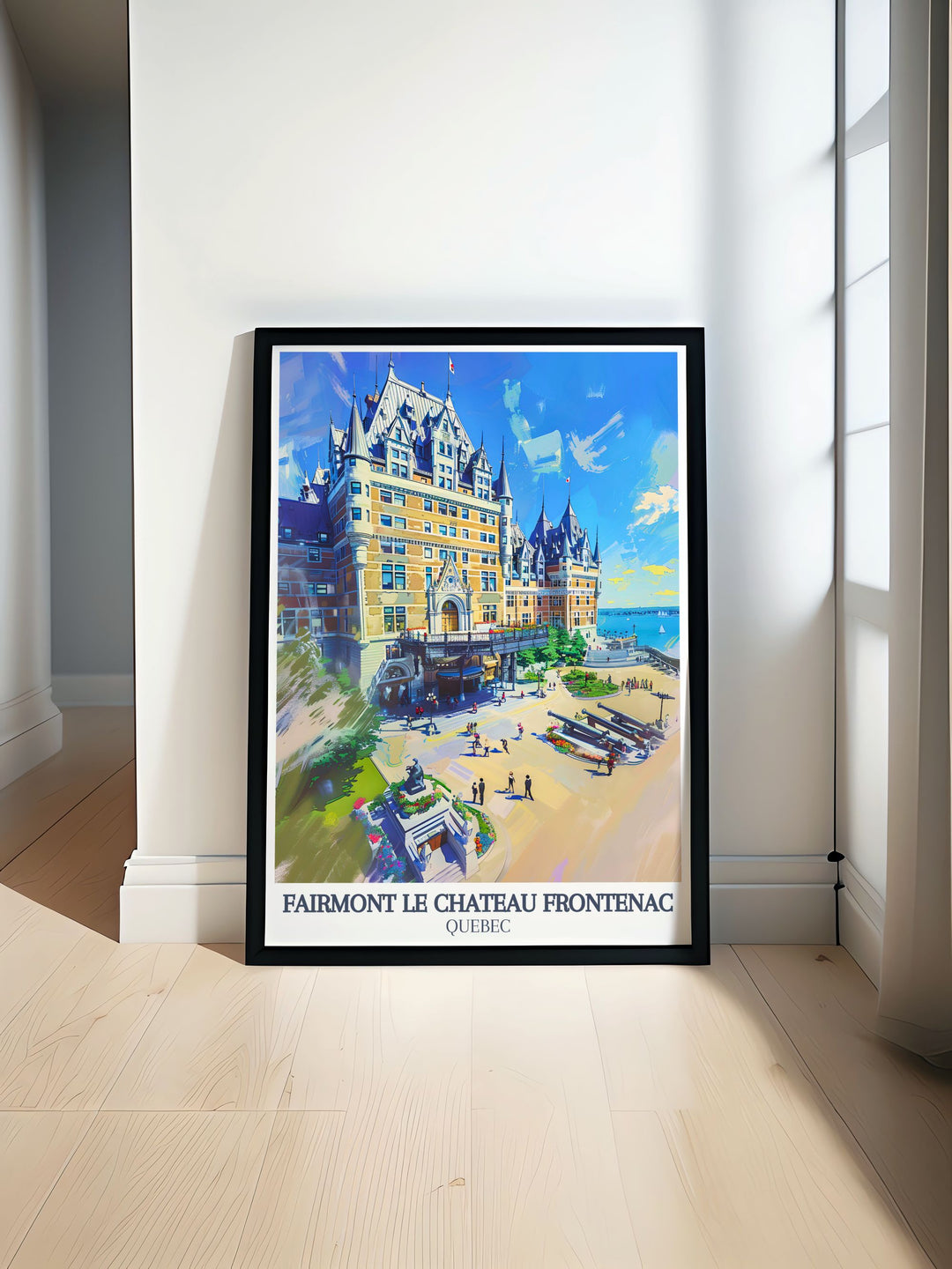 Le Chateau Frontenac poster featuring St. Lawrence River, The Chateau Frontenac Tower. Perfect Canada travel gift showcasing the stunning architecture and historical beauty of Quebec City with vibrant colors and detailed artwork.
