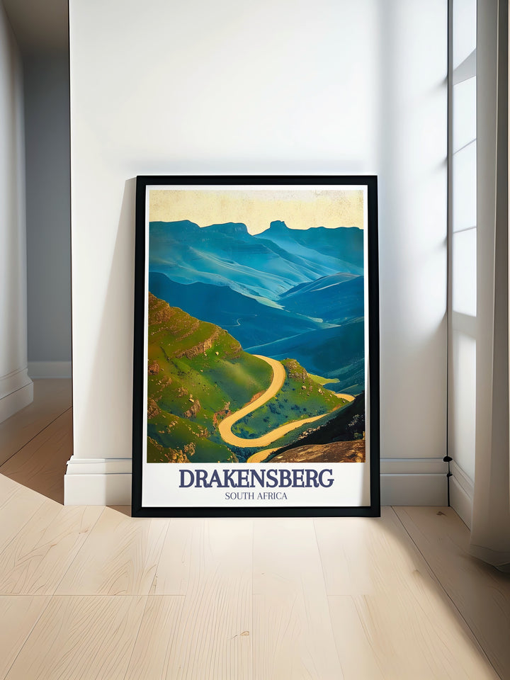 Capture the adventure of Sani Pass with this detailed travel print, showcasing the rugged landscapes and dramatic views of this famous South African mountain pass. Ideal for lovers of adventure and those who appreciate the beauty of South Africas Drakensberg region.