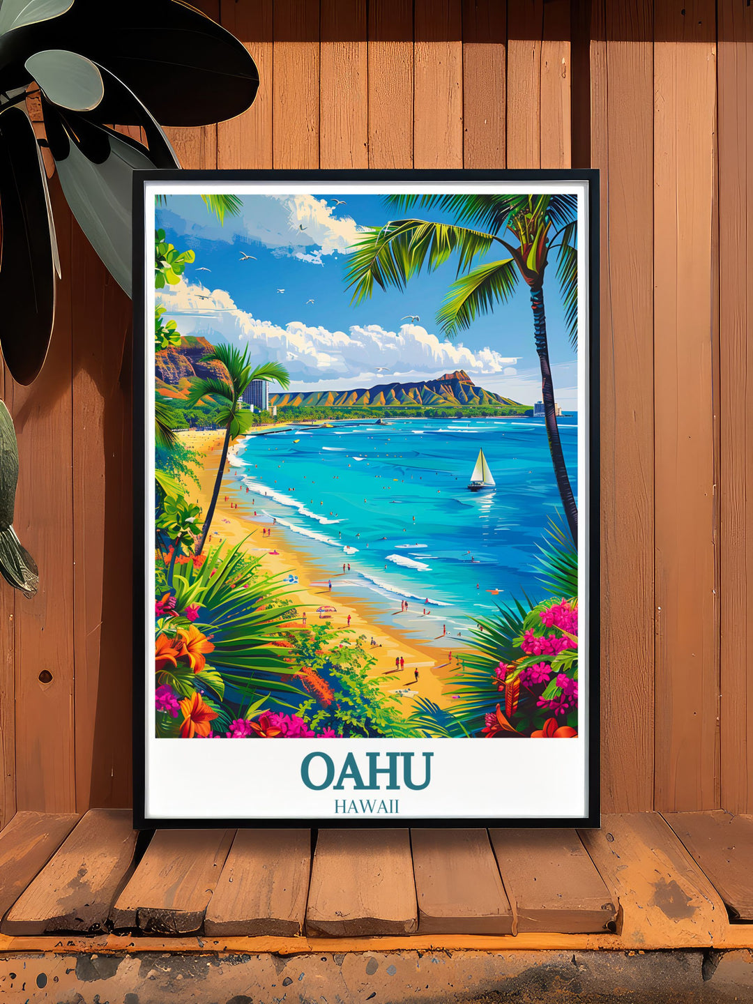 Stunning Oahu art print of Waikiki Beach and Diamond Head Crater brings the beauty of Hawaii into your decor a wonderful piece for creating a serene and tropical atmosphere.