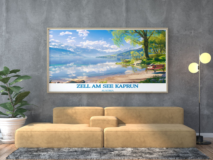 Fine art print of Zell am See Kaprun, capturing the regions iconic winter scenes. The artwork features the majestic alpine peaks, tranquil lake, and vibrant village, offering a perfect blend of natural beauty and adventure, making it a stunning addition to any decor. The intricate details and vibrant colors bring the alpine landscape to life, inviting you to immerse yourself in the serene and picturesque setting of Zell am See.