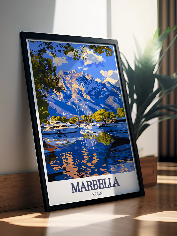 Marbella photography print depicting the lively scenes of Puerto Banus marina and the serene beauty of La Concha mountain making a perfect addition to modern decor