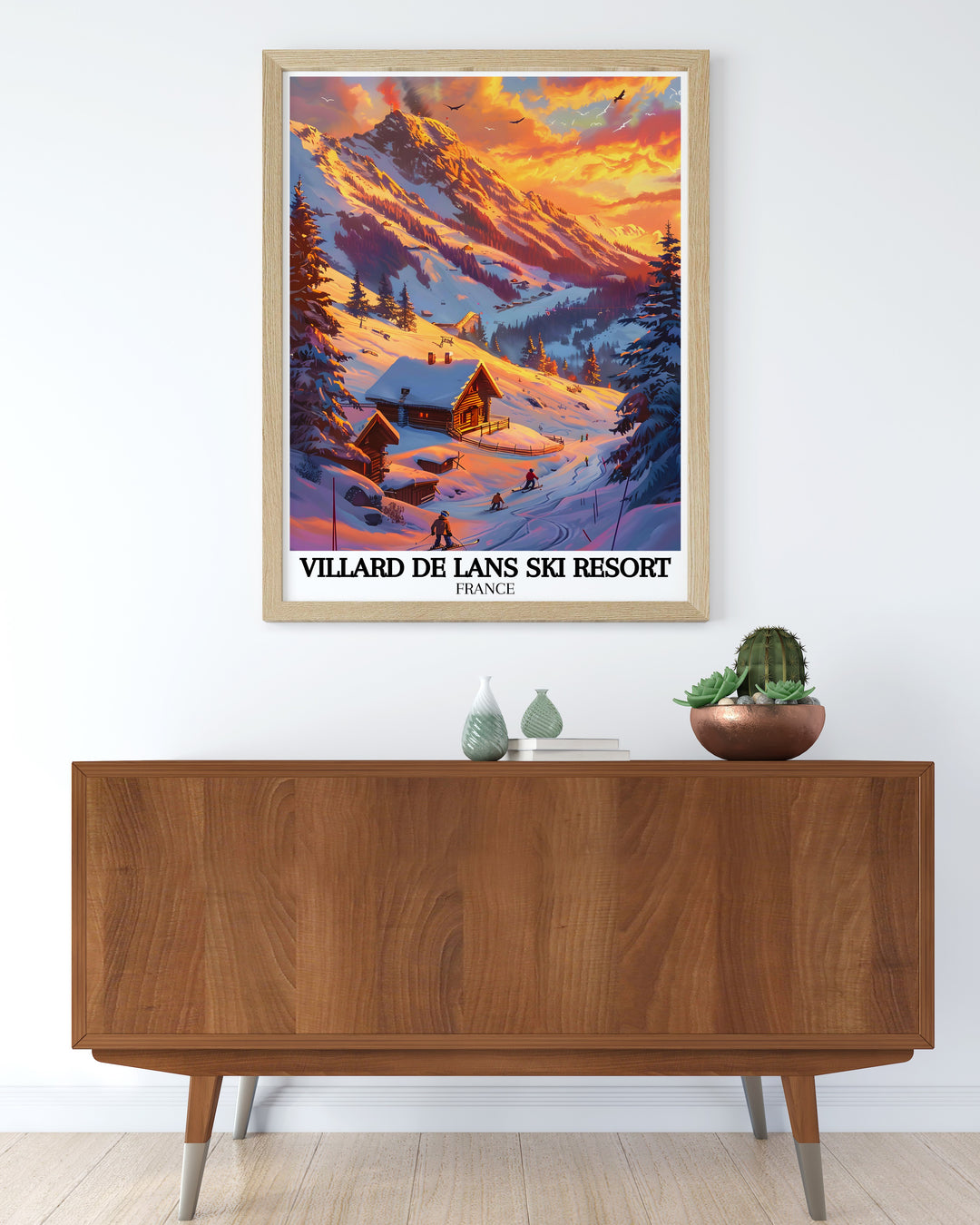 Vintage Ski Poster of the Villard de Lans village and the Grande Moucherolle peak offers a timeless look at one of the most beautiful ski destinations in the French Alps ideal for those who appreciate retro art and alpine adventure.