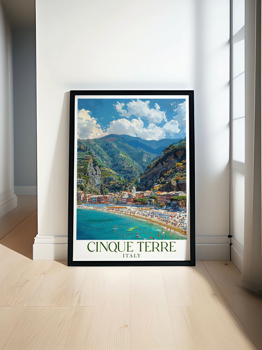 Monterosso al Mares beach travel poster featuring vibrant colors and stunning coastal views perfect for adding a touch of Cinque Terre decor to your home or office ideal for art lovers and travelers who appreciate beautiful and lively wall art.