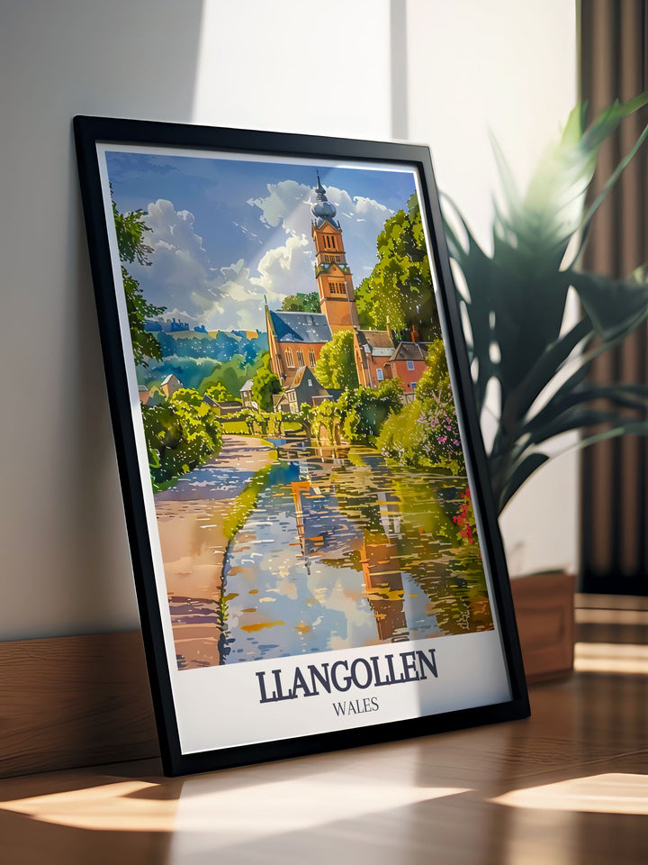 Bring the essence of Llangollen into your home with this beautiful print of River Dee Llangollen Canal and Llangollen Methodist Church. This wall art is ideal for travel gifts and home decor capturing the iconic landmarks and serene beauty of Wales.