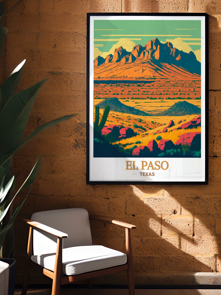 Transform your space with this El Paso travel poster. Featuring the grandeur of the Franklin Mountains and the dynamic energy of the city, this poster is perfect for anyone who dreams of exploring the best of Texas. Its quality design and vibrant colors make it a standout addition to your home decor.