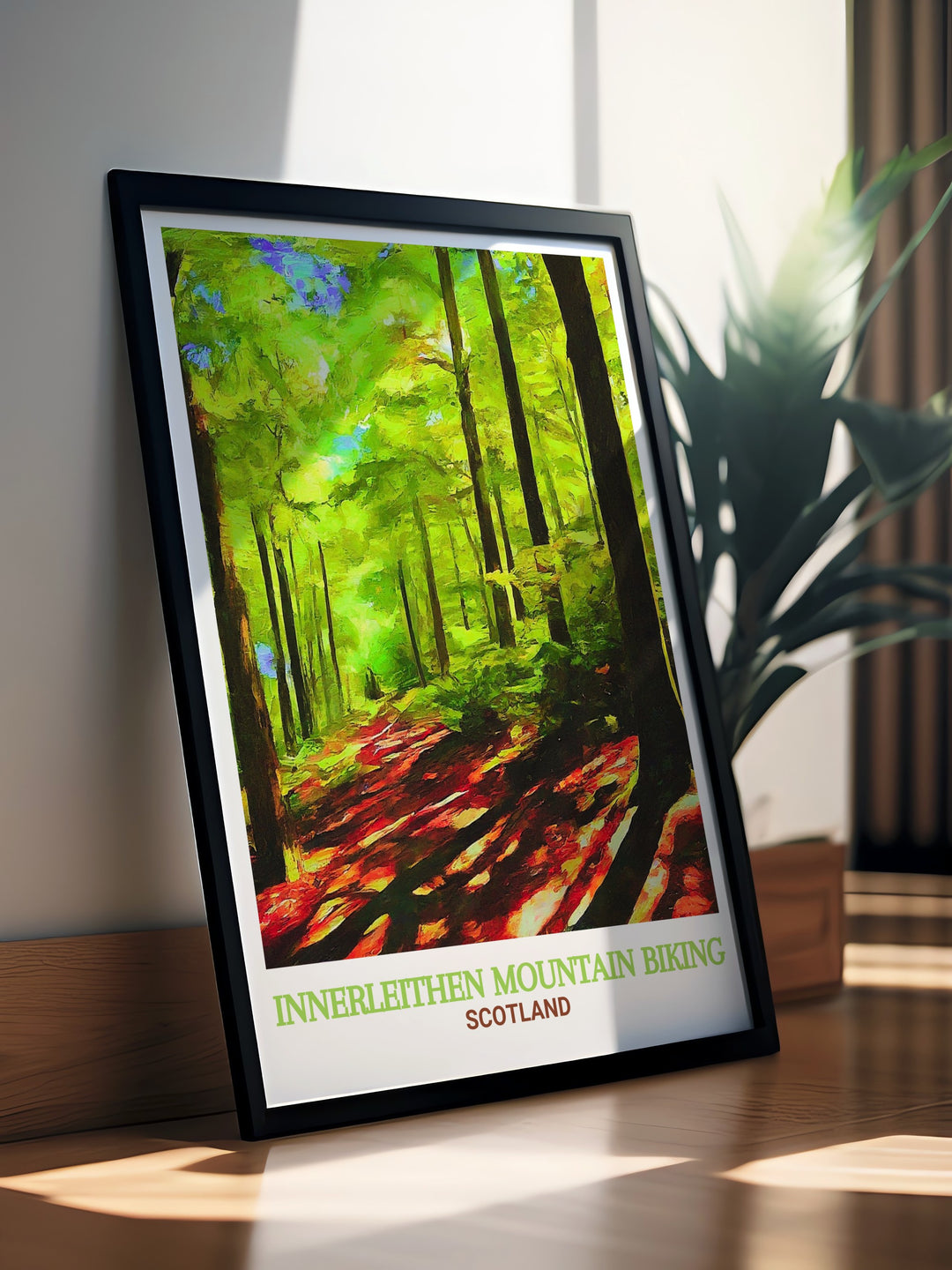 Innerleithen wall art features the rugged beauty of Scotlands Tweed Valley, home to some of the best MTB trails in the UK. This cycling print brings the excitement of outdoor sports and the beauty of Scotlands natural landscapes into your home.