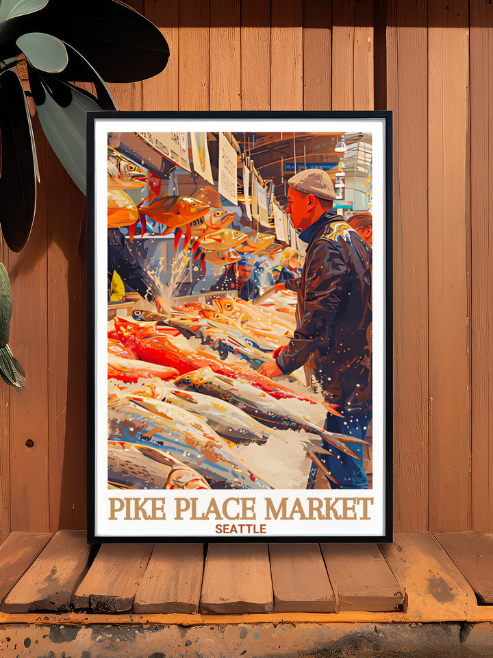 Modern art print of the Pike Place Fish Market in Seattle showcasing the dynamic fishmongers and fresh seafood ideal for adding a touch of Seattles unique market culture to your living space a vibrant and colorful home decor piece