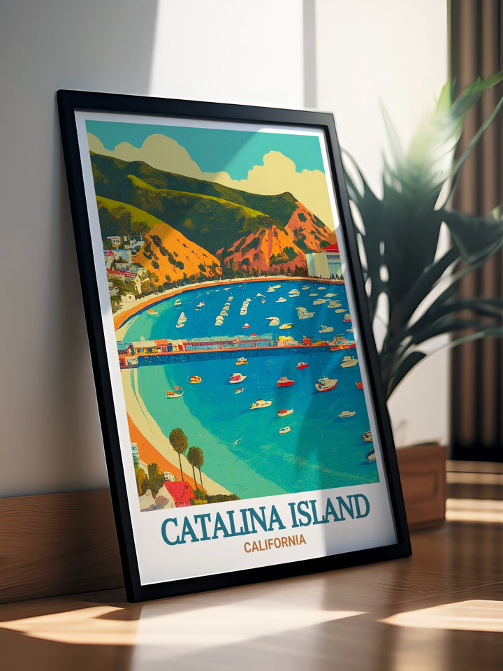 Transport yourself to the shores of Catalina Island with this travel poster, showcasing the sparkling waters and sun drenched landscapes of Avalon Bay. Perfect for beach lovers and California dreamers.