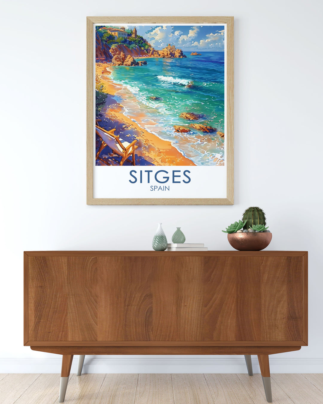 The vibrant streets and beautiful beaches of Sitges are beautifully depicted in this travel poster, celebrating the iconic landmarks and natural beauty of Spain.