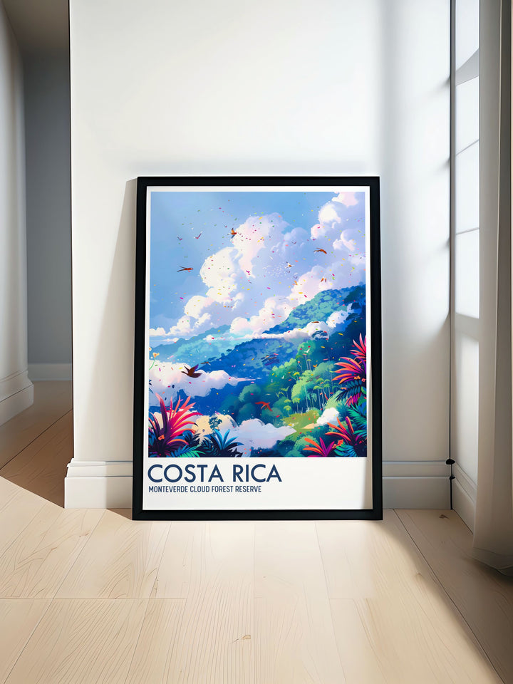 Immerse yourself in the mystical charm of Monteverde Cloud Forest with this detailed art print. Showcasing the reserves lush greenery and diverse wildlife, this travel poster is ideal for those who love exploring tropical destinations. Add a piece of Costa Ricas natural wonder to your home with this captivating artwork.