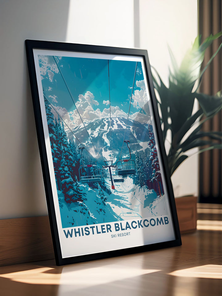 Whistler peak chair lifts wall art featuring the iconic scenery of Whistler Blackcomb. This beautiful piece is perfect for snowboarding enthusiasts and makes a thoughtful gift for anyone who loves winter sports.
